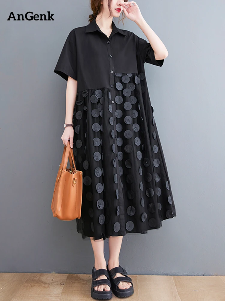 

Black Mesh Spliced Polka Dot Summer Shirt Dress Women New Short Sleeve Loose Casual Fashion Long Dress Elegant Clothes 2022