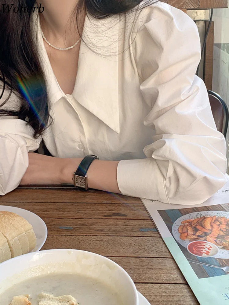 Woherb Элегантные блузки для женщин однотонные тонкие топы с пышными рукавами 2021
