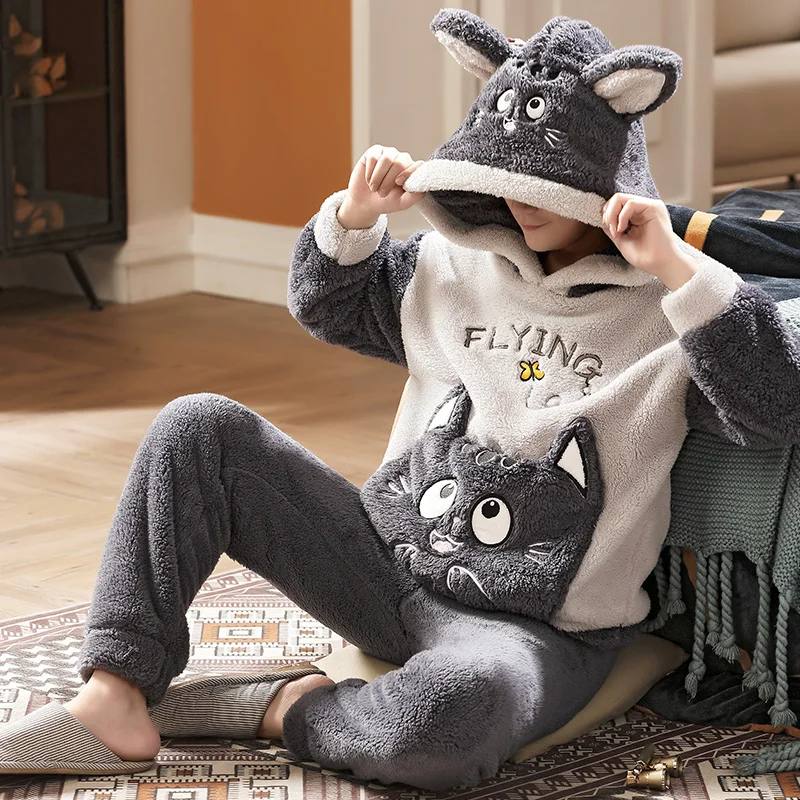 Пижама Мужская Фланелевая с длинным рукавом теплый пижамный комплект карманами