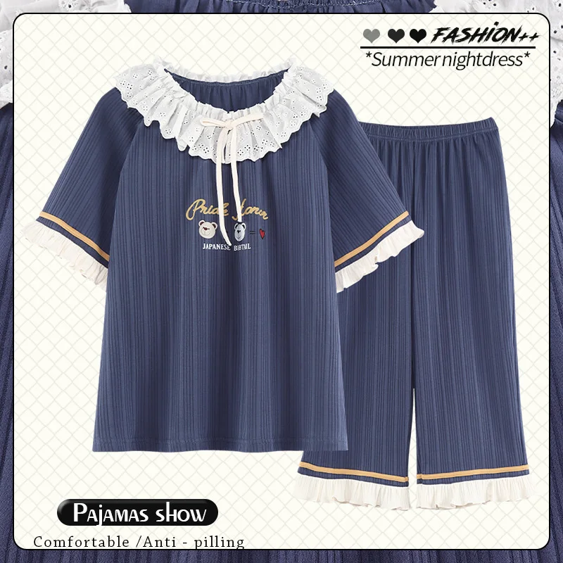 Pajama Women's New Summer Capris Korean Version Sweet Palace Style Home Suit Can Be Worn Out Recommended