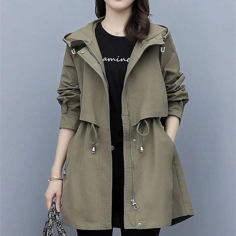 

2023 New Spring Women’s Jacket Loose Long Coat Fashion Jackets Hooded Casual Windbreaker Female Overcoat Tops Outerwear 4XL