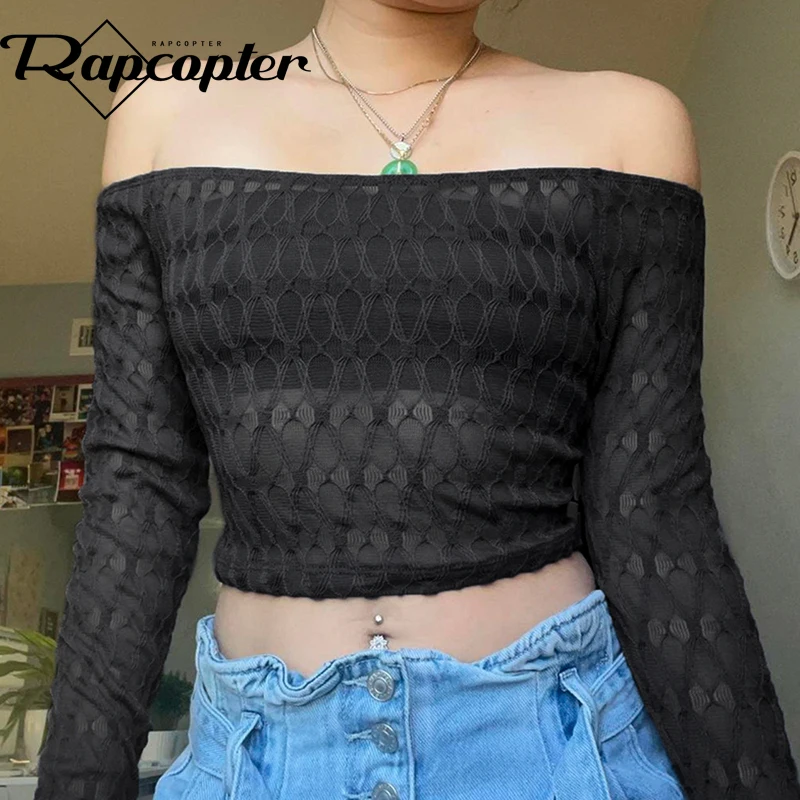 

Rapcopter y2k Net Crop Top Slash Neck Full Sleeve T Shirt Vintage Harajuku Chic Tee Autumn Basic Casual See Throough Sexy Outfit