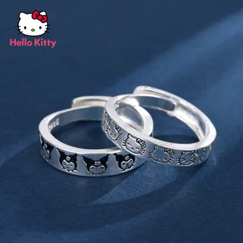 Hello Kitty Kulomi Silver Plated 925 Couple Ring Unisex Cute Cartoon Pattern Anime Character Adjustable Size for Girlfriend Gift