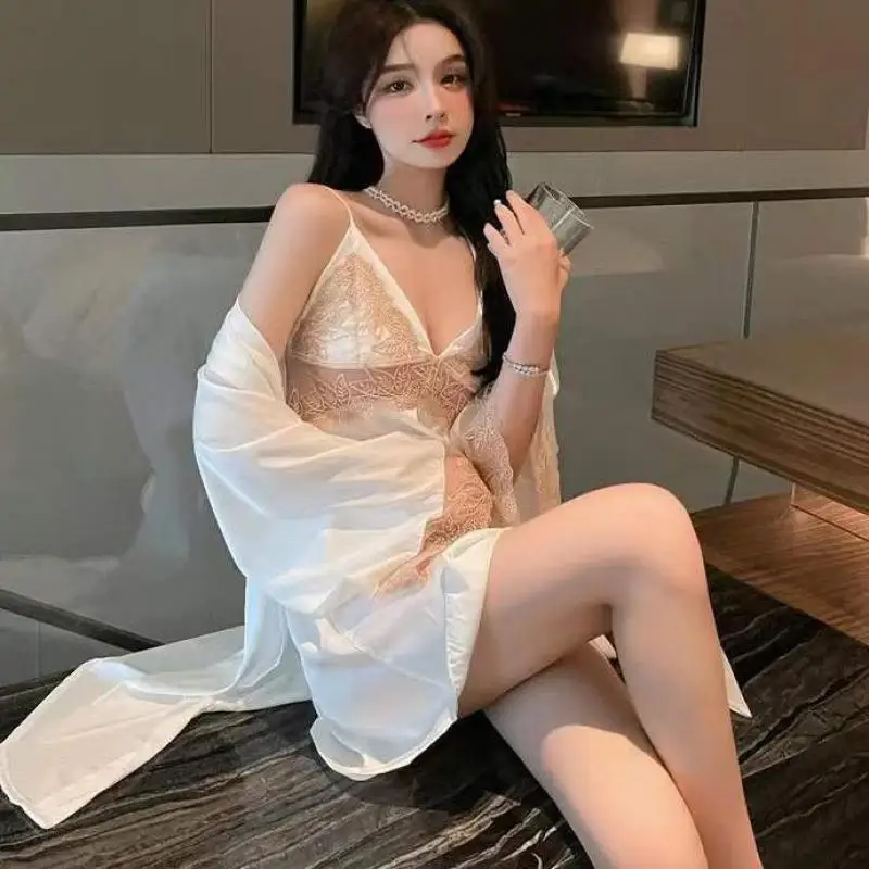 

Sexy White 2PCS Sleepwear Set Patchwork Lace Bride Bridesmaid Wedding Robe Nightgown Spring Summer Women Nightdress Loungewear