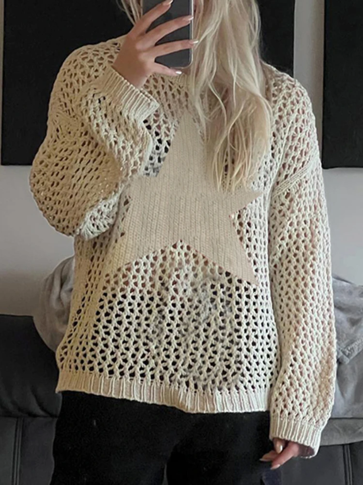 

YIKUO Hollow Out Loose Knit Pullover Chic Star Y2K Streetwear Aesthetic Solid Crochet Sweater Harajuku Autumn Casual Women Cloth