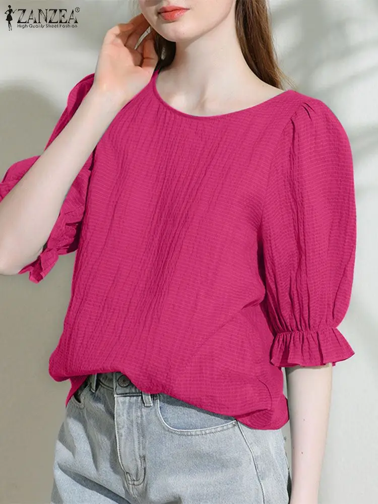 Летняя элегантная рубашка ZANZEA Женская однотонная плиссированная блузка модные