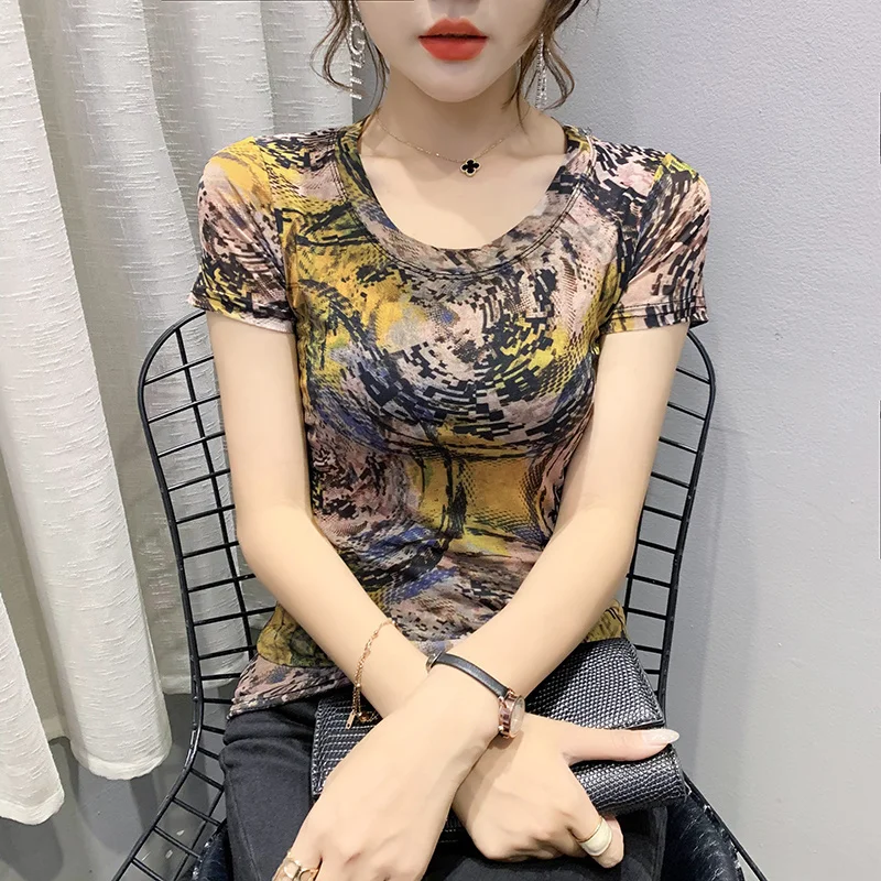 # 5154 Летняя футболка с принтом Повседневная винтажная сетчатая короткими