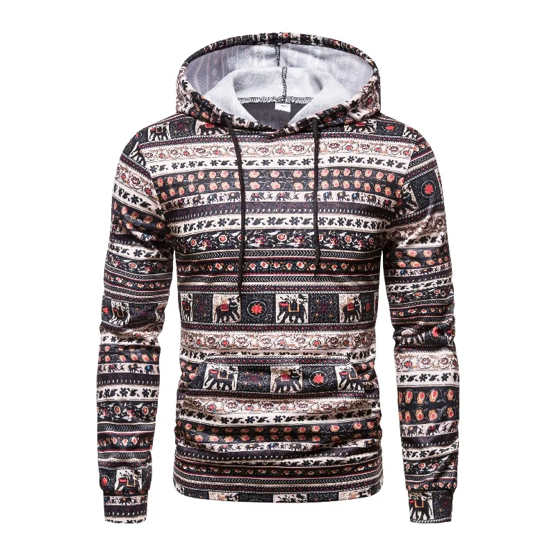 

African Ethnic Style Men Ethnic Print Hoodies Long Sleeve Slim Fit Hooded Shirt Autumn Fashion Male Casual Sweatshirt