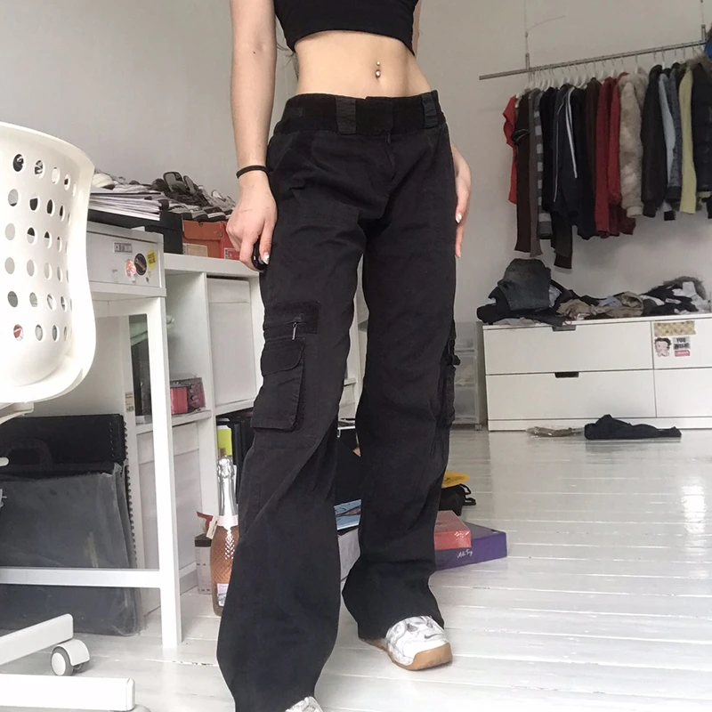 

2022 New Cargo Pants Punk Style Grunge Black Jeans Vintage Gothic Women Straight Long Trousers Harajuku Streetwear with Pockets