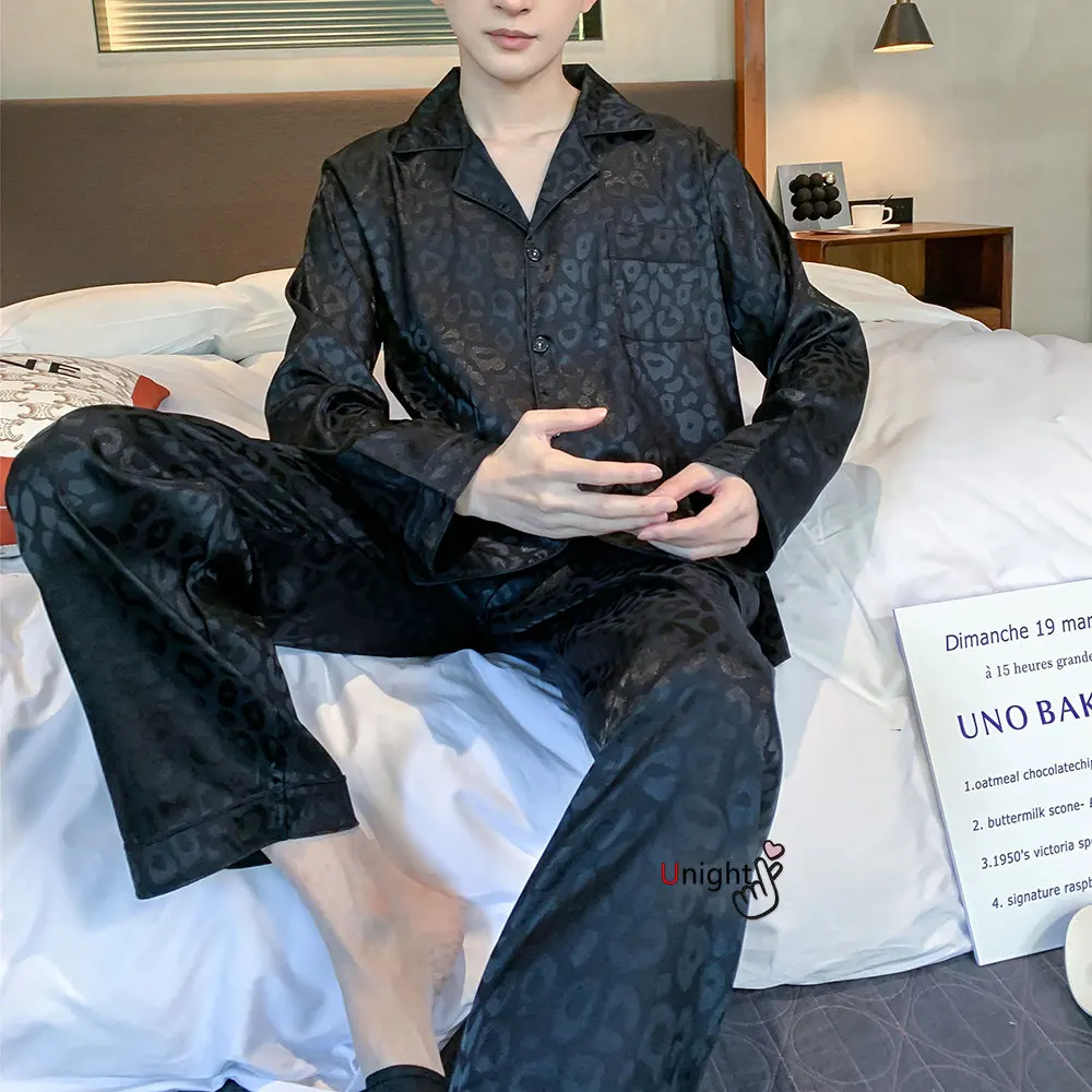 Men Silk Satin Pajamas Sets Long Sleeve Pyjamas Suit Sleepwear Pijama Men Loungewear Plus Size Set L-5XL Sleepwear Set
