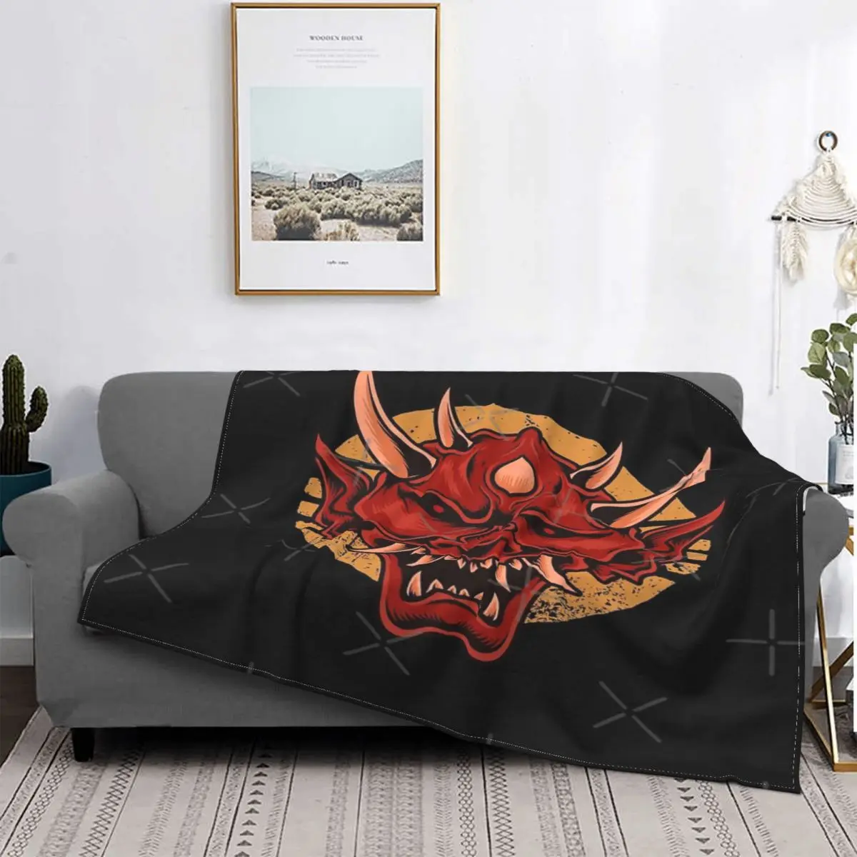 

Scary Oni-Manta a cuadros para cama, colcha con máscara roja, 220x240