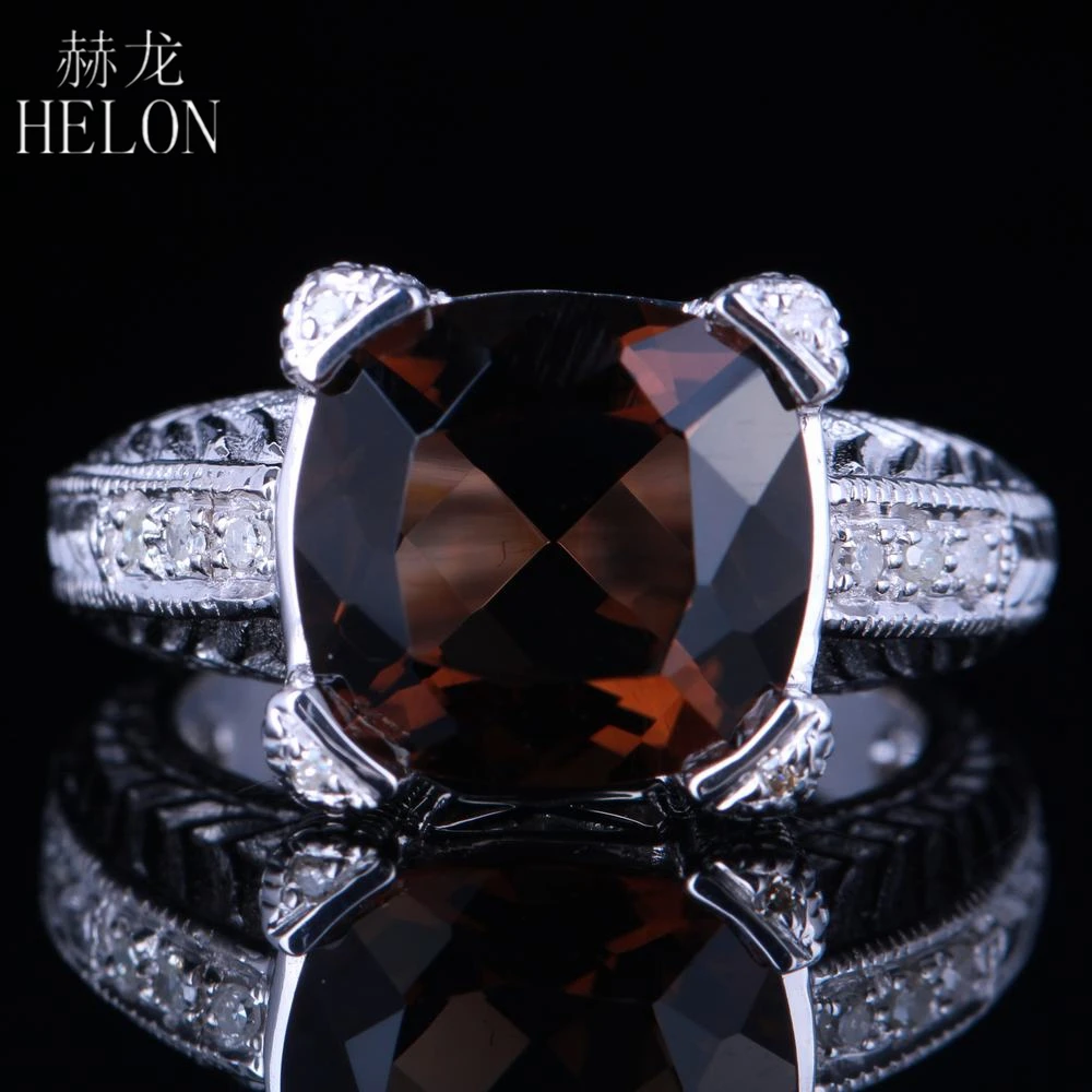 HELON Серебряное кольцо с безупречным 12мм подушечкой из дымчатого кварца и бриллиантовым вставками в старинном филигранном стиле, классическое изысканное ювелирное изделие на основе серебра 925.