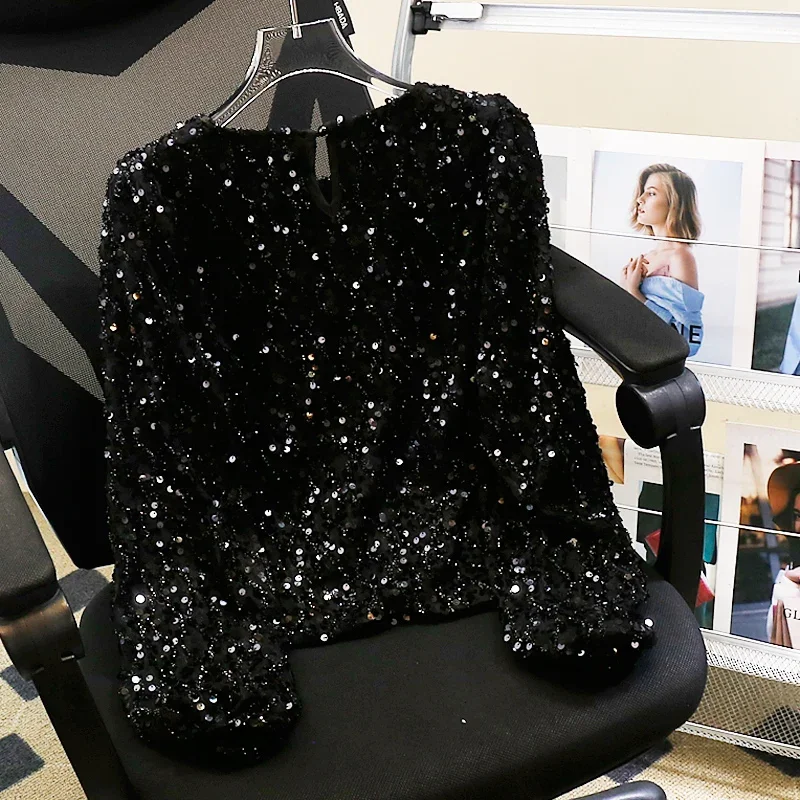 Модная изысканная рубашка с рукавами-фонариками и блестками офисная женская