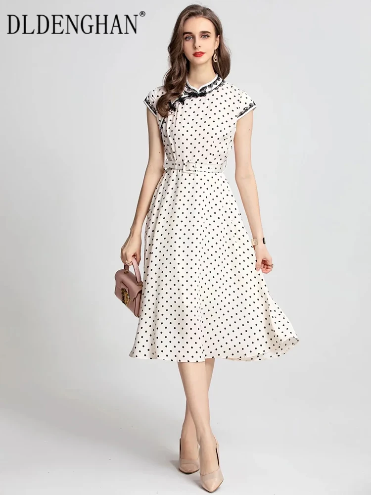 

DLDENGHAN Women Dress Stand Collar Short Sleeve Beading Button Dot Print Sashes Chinese Style Dresses Fashion Summer New