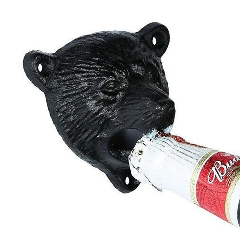 Cast Iron Bear head Beer Bottle Opener wall mounted home sculpture vintage Hanging antique Bar Cafe wall decoration Opener Tool