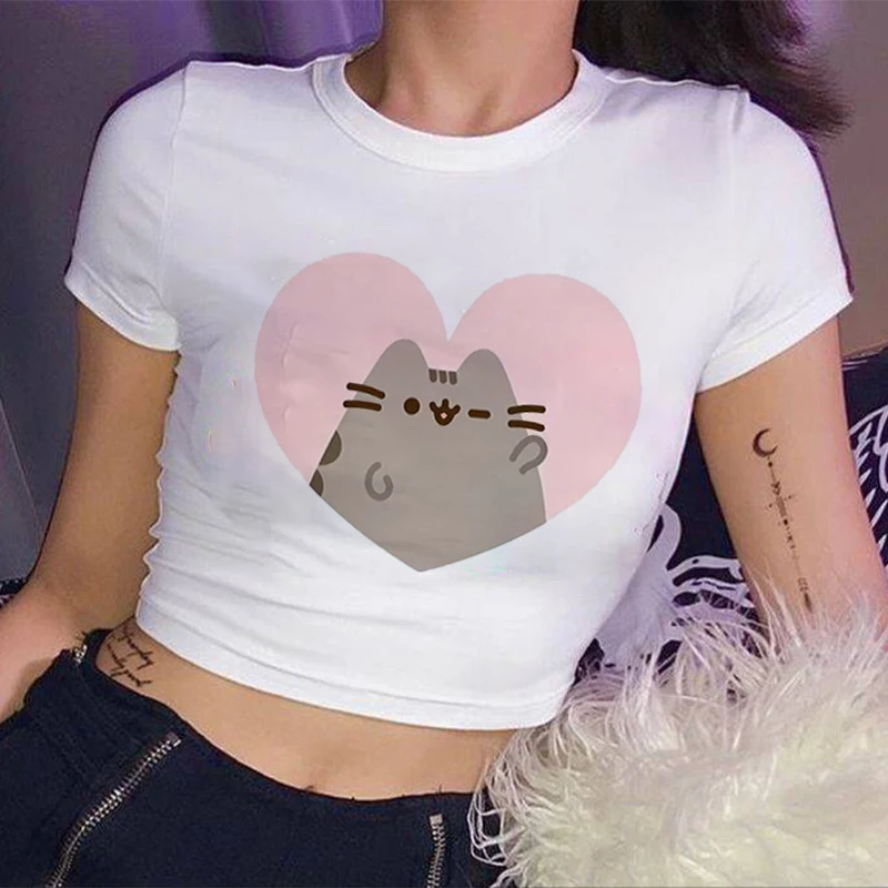 

Kawaii Pusheen Cat мультфильмы печать женская одежда Модная Повседневная O-образный вырез короткий рукав Футболка короткие сексуальные Y2K Короткие топы
