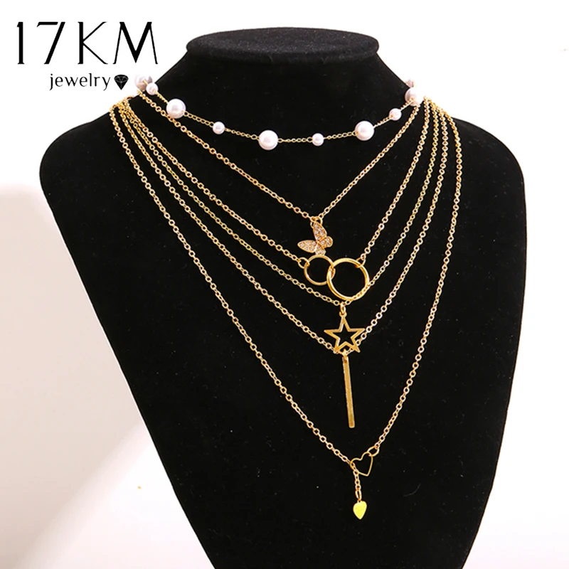 

Ожерелья 17KM 5 шт./компл. комплект из металлических ожерелий золотого цвета ожерелья-бабочки с ажурной цепочкой для женщин короткий Чокер Мод...