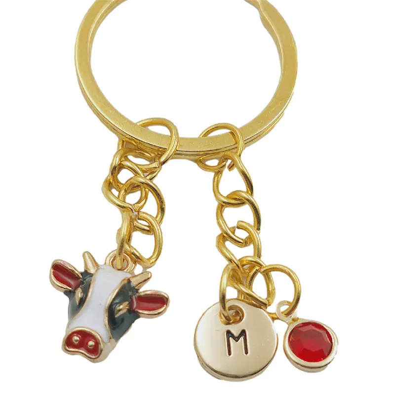 

Milk Cow Dairy Cattle Initial Letter Birthstone Keychains Fashion Jewelry Women Gifts Accessories Pendant
