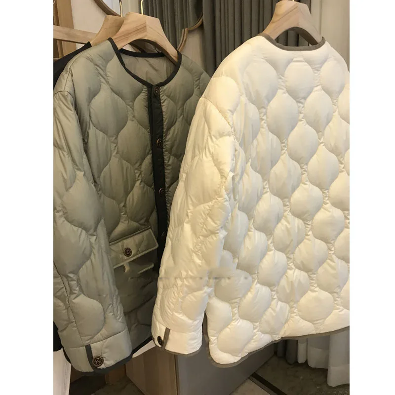 Loose profile sense large pocket patchwork color embossed round collar cotton jacket female coats for women