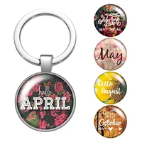 season month april may june augest glass cabochon keychain bag car key rings holder silver plated key chains men women gifts
