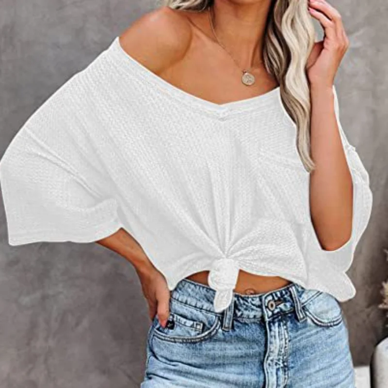 

2023 Short Sleeve Casual Tee Loose T-Shirt Summer Y2k Fashion Women V-neck T-shirt Solid Shirt Streetwear Women Pocket New 26321