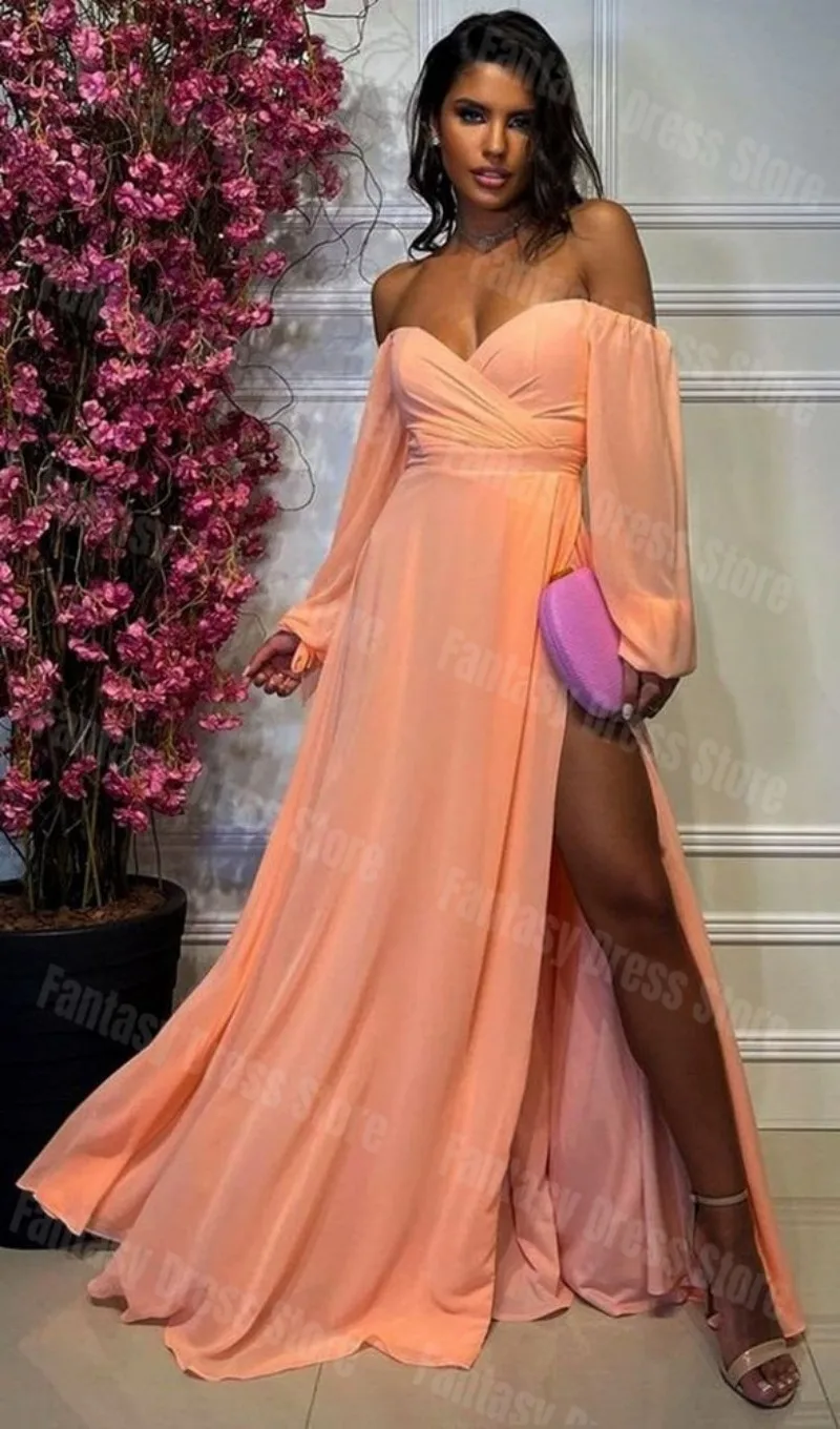 

Charming Orange Pink One Line Neck Sweetheart Porm Dresses Chiffon Loose Sleeve A-line Side Split Arab Dubai Evening Dresses