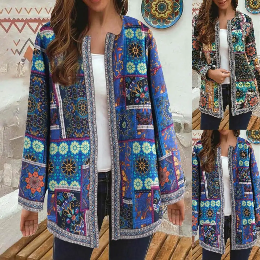 

Women Cardigan Coat Ethnic Print Pockets Autumn Winter Long Sleeve Open Stitch Jacket for Daily Wear
