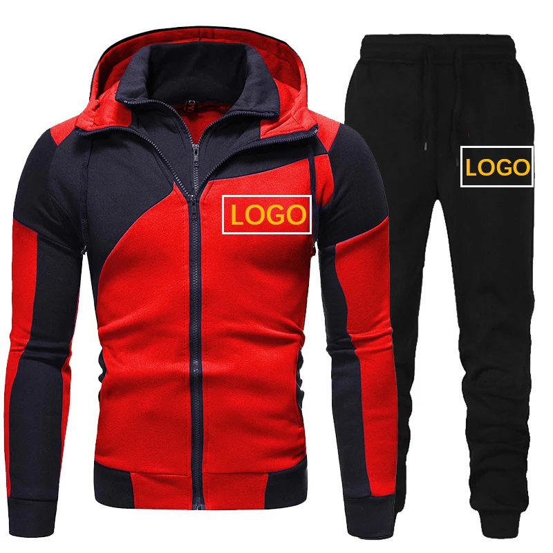 Custom LOGO Men Tracksuit Patchwork Zipper Hooded Jacket and Sweatpants Male Sportwear