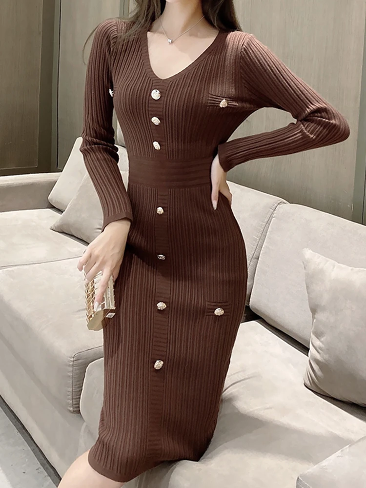 

Leisure V-Neck Knitted Skirt Slim Fit Long Sleeve Dress 2023 New Fashion Women'S Clothing