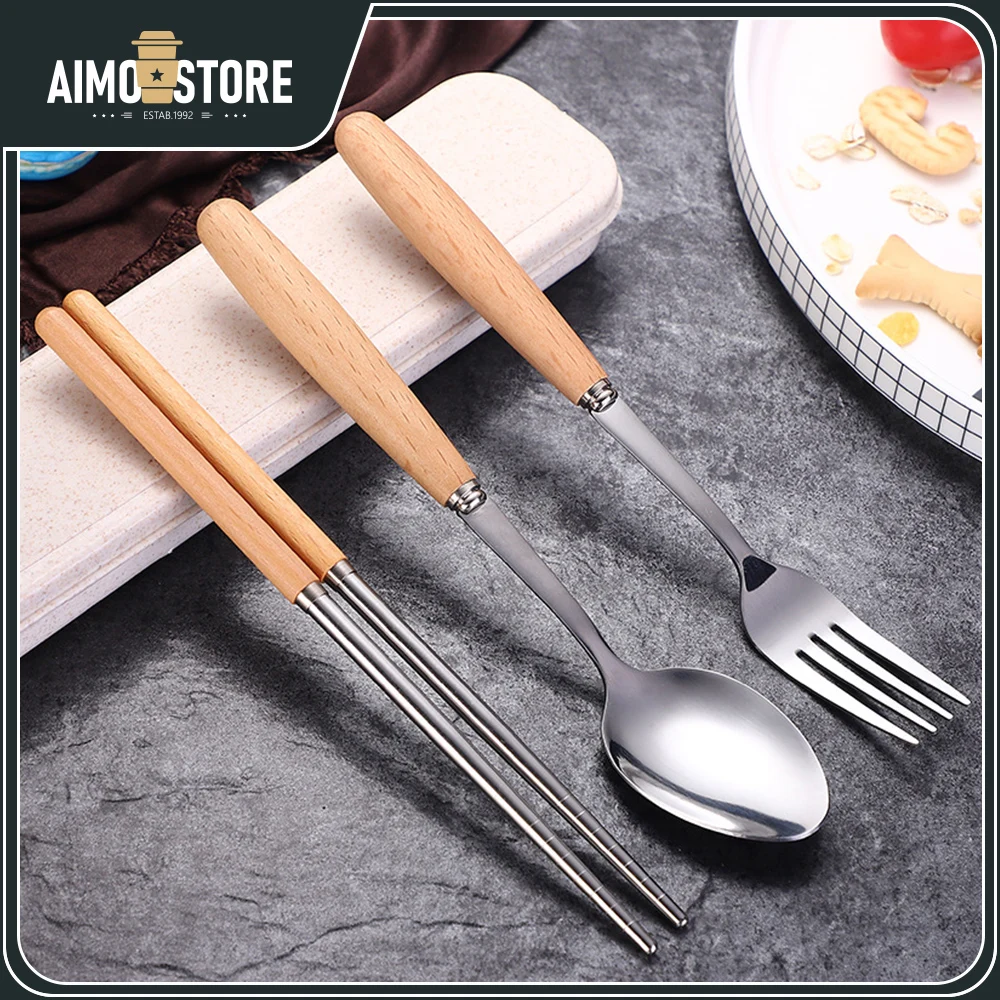 

3PCS Spoon Fork Chopstick Cutlery Portable Dinnerware Kit Lunch Tableware With Box Set 401 Stainless Steel Kitchen Accessories