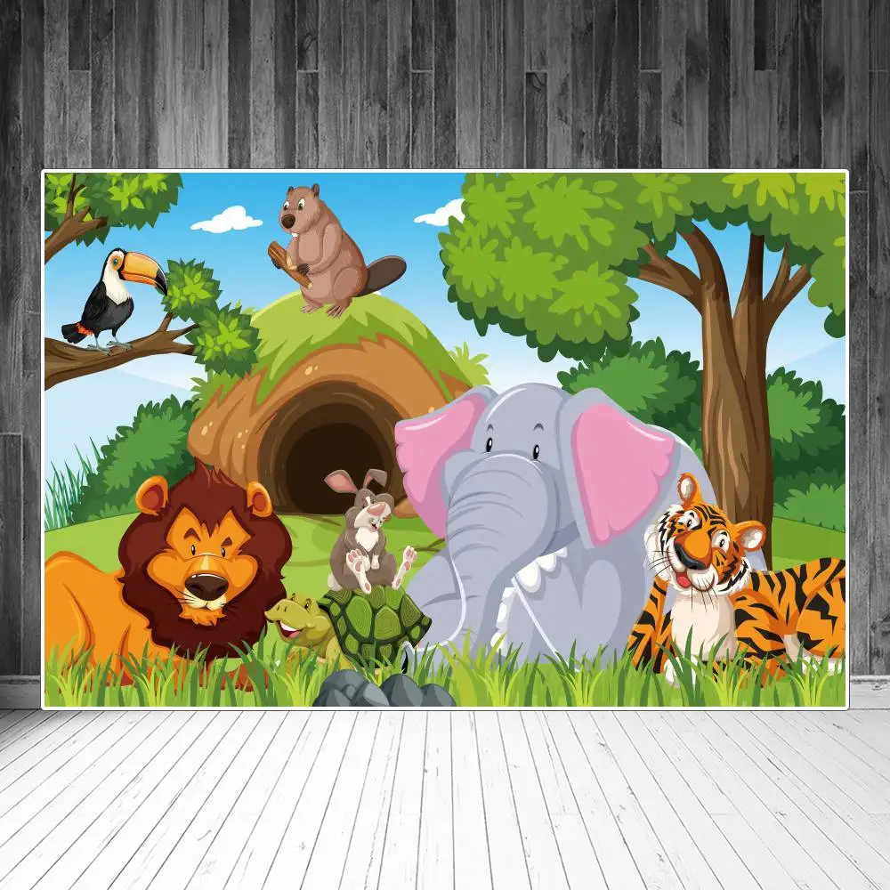 

Jungle Safari Party Backdrops Photography Decoration Cartoon Forest Animals Sign Baby Photozone Photo Booth Backgrounds Props
