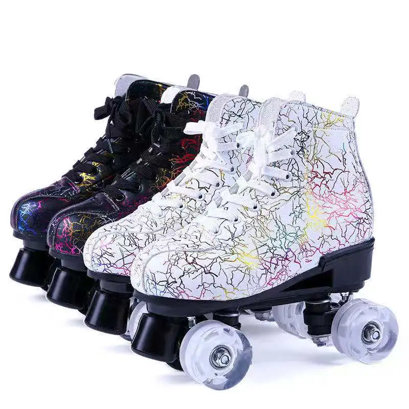 

Double Row Roller Skates With Flash PU Wheel Brake Woman Man Roller Shoes 2022 Printed Black White Lace-Up Artificial Leather Ad