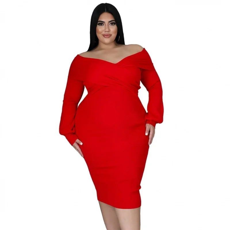 Plus Size Female Dresses Fashion V-neck Solid Color Mid-length Dress Sexy Women Elegant Party Dresses Long Sleeve Large Size