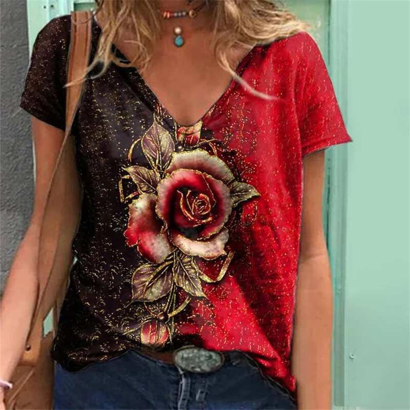

3D Rose Flower Print Women T Shirt 2022 New Summer Casual Short Sleeve V-Neck Loose Oversized Tops Ladies Large Size 5XL Clothes