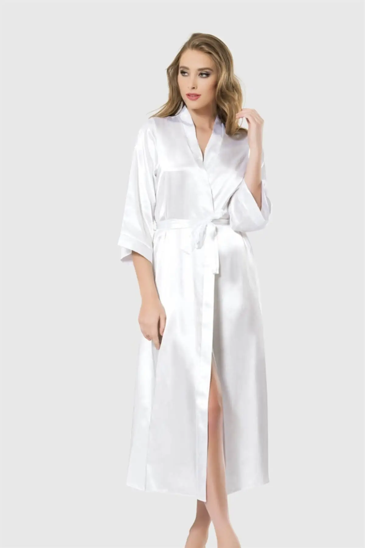 

Long white satin negligee Dressing Gown