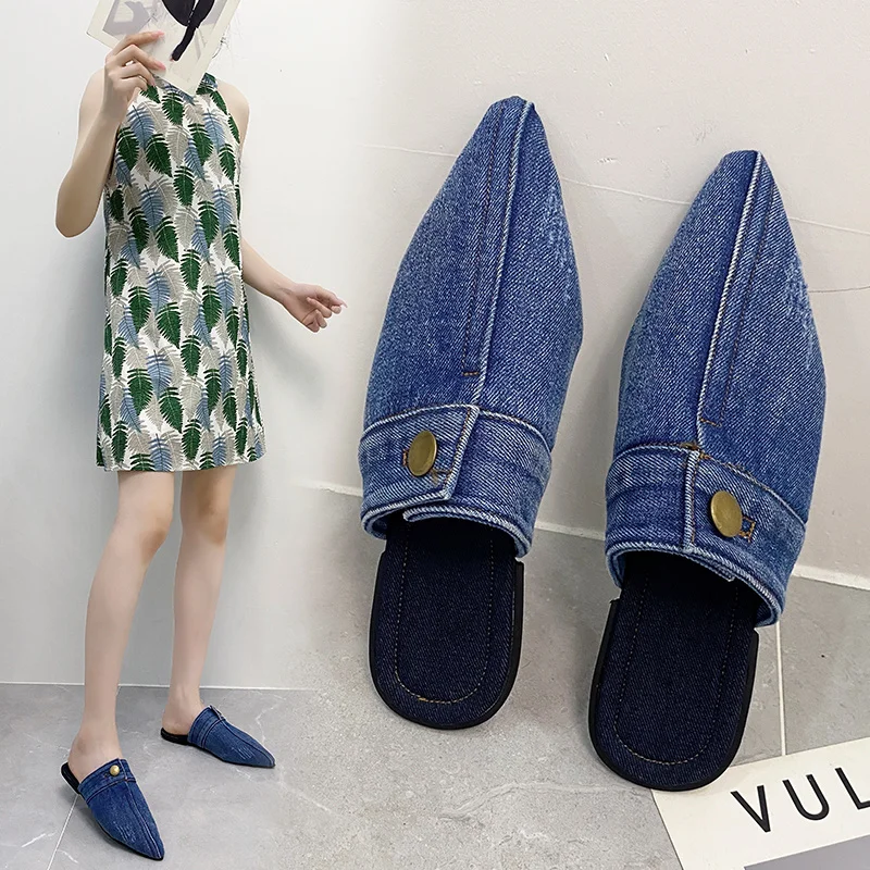 

Blue Denim Cloth Slippers Pointed Toe Outdoor Slides Slingback Mules Slip on Flats Simple Women Shoes Zapatillas Mujer