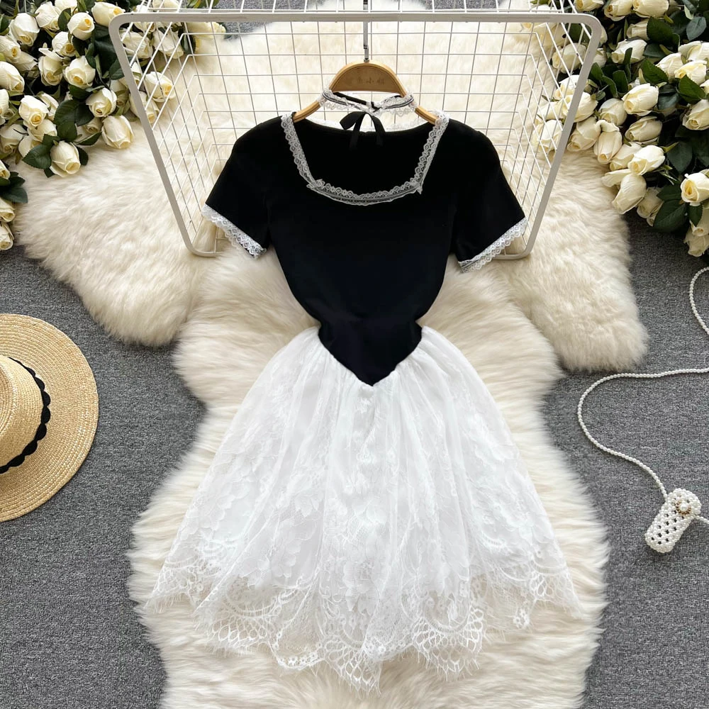 

New Fashion Women Summer Square Collar Retro Short Sleeve Lace High Waist Stitching Fluffy Dress Casual Clothing Vestidos E754
