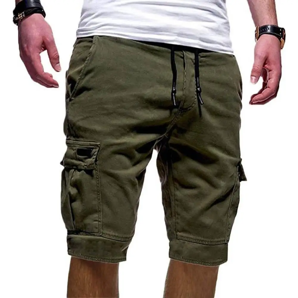 Summer Casual Men Solid Color Cargo Shorts Multi-Pockets Drawstring Fifth Pants
