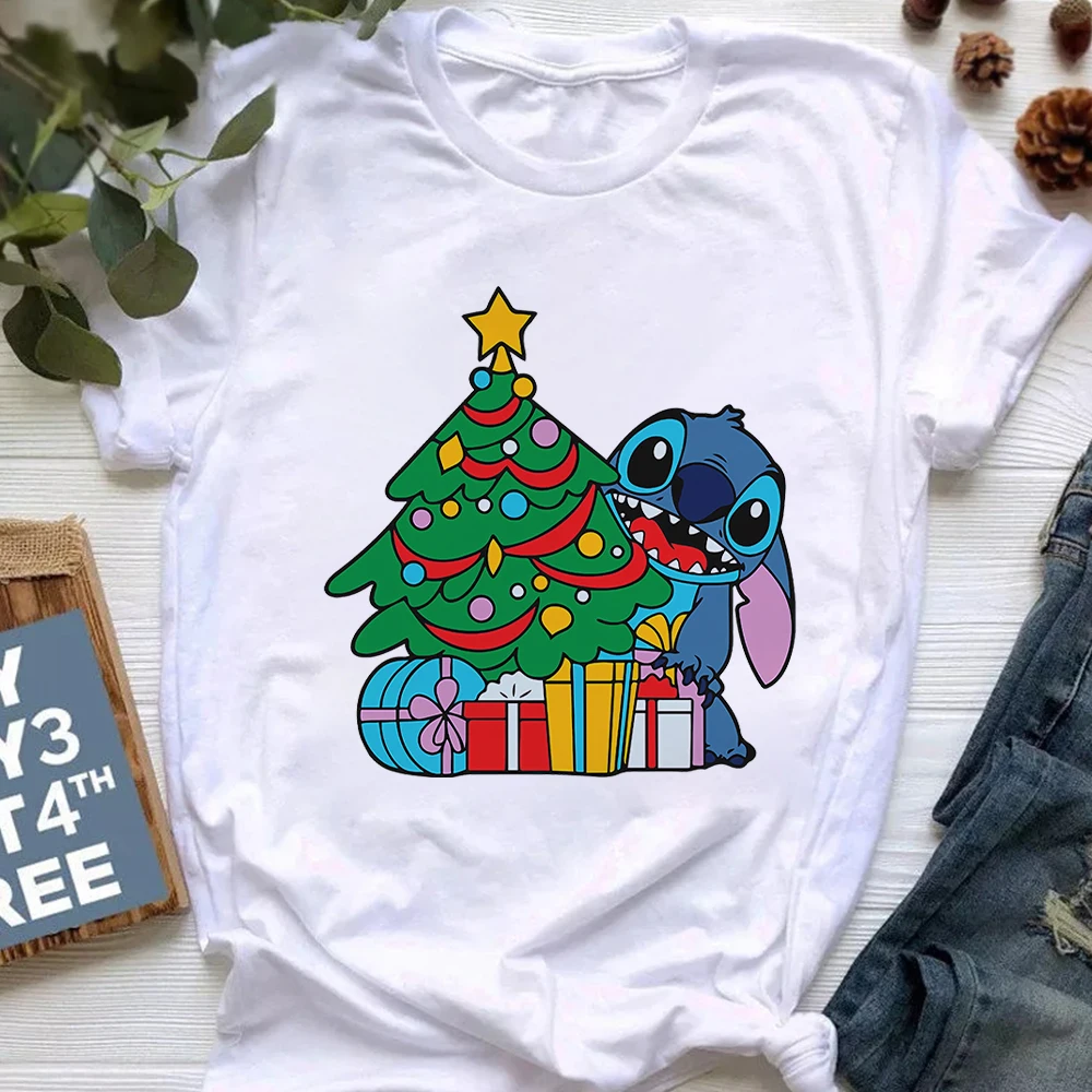 

Kawaii Christmas Stitch T-shirt Femme French Fashion High Street Disney Clothes Short Sleeve Home Tops Xmas Eve T Shirt Women
