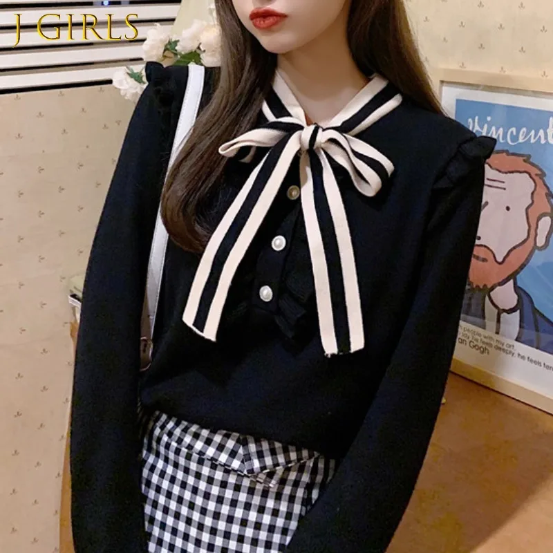 

J GIRLS Vintage Korean Bow Sweater Women Autumn Winter Long Sleeve Pullover Ruffles Sweaters Contrast Color knitted pull femme