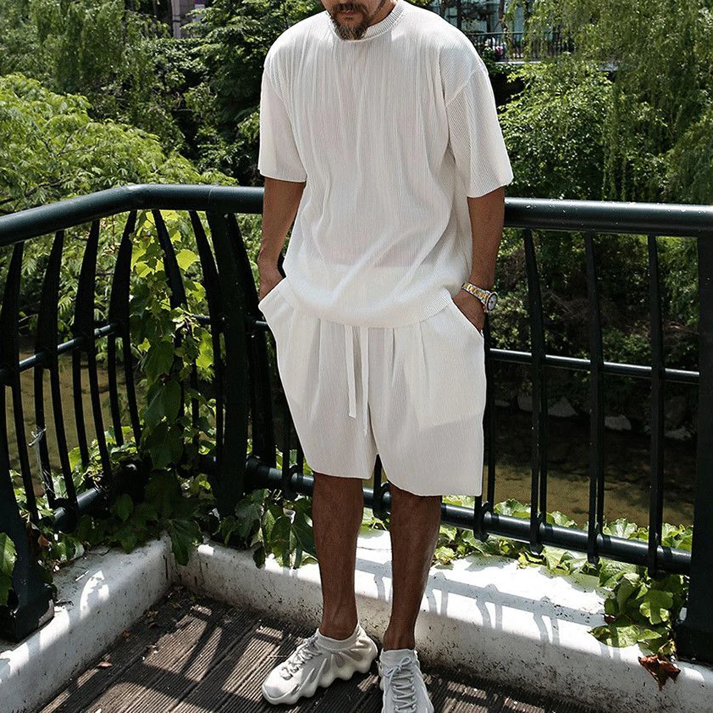 Men Set Suit Summer Stripe Loose Short Sleeve Short Sleeve Solid Harajuku Streetwear Oversize Casual Beach Breathable