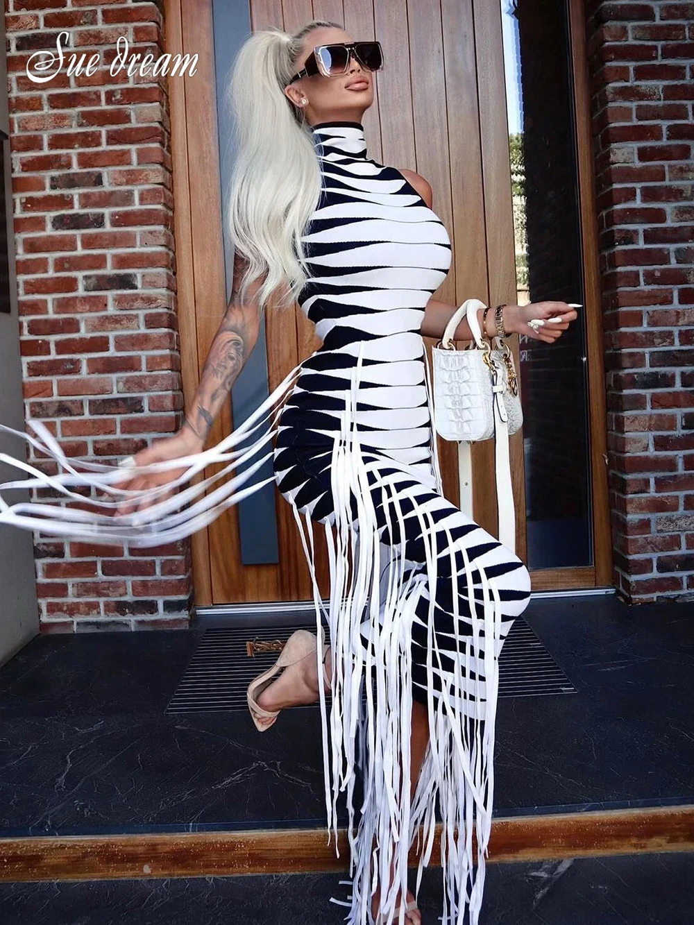 

2022 New Summer Tassel Design Sleeveless Evening Party Bodycon Long Dress Sexy Celebrity Club Runway Vestido