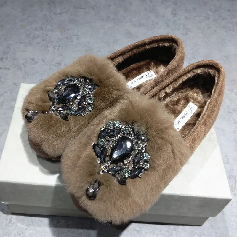 Women Fur Brand Snow Loafers Plush Female Shoes Warm Crystal Flexible Peas Oxfords Ballet Flats