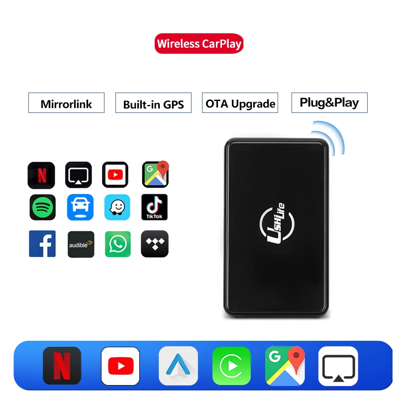 

Ushilife Wireless Carplay Adapter Built-in Youtube Netflix Apps Car AI BOX USB Car Smart Navigation Apple Android Samsung Phones