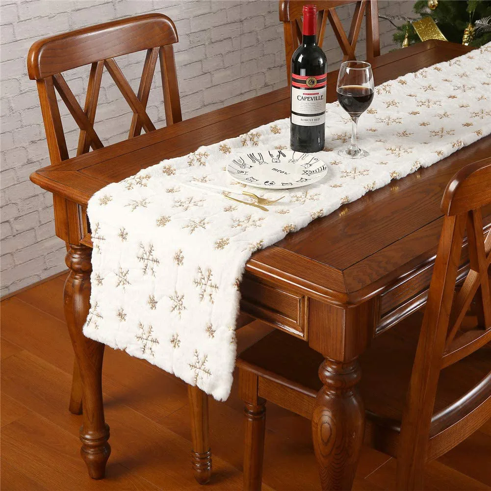 

Christmas White Table Runner Plush Sequins Snowflake Dinning Table Tablecloth Hoom Living Room Xmas New Year Decoration