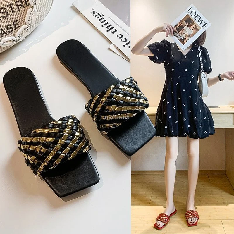 

Шлепанцы женские летние с квадратным носком, повседневные сандалии на плоской подошве, сланцы, разноцветная обувь для дома, 2022