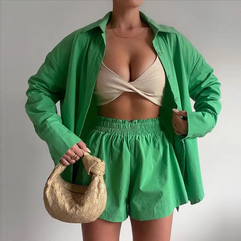 

Women Blue Suit 2022 Summer Casual Loose Long Sleeve Shirt Tops And Mini Shorts Fashion Tracksuit Two Piece Set Outfits