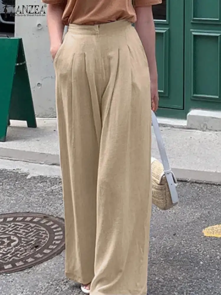 

Женские широкие брюки-макси ZANZEA 2022, элегантные богемные однотонные брюки, модные офисные брюки большого размера с широкими штанинами