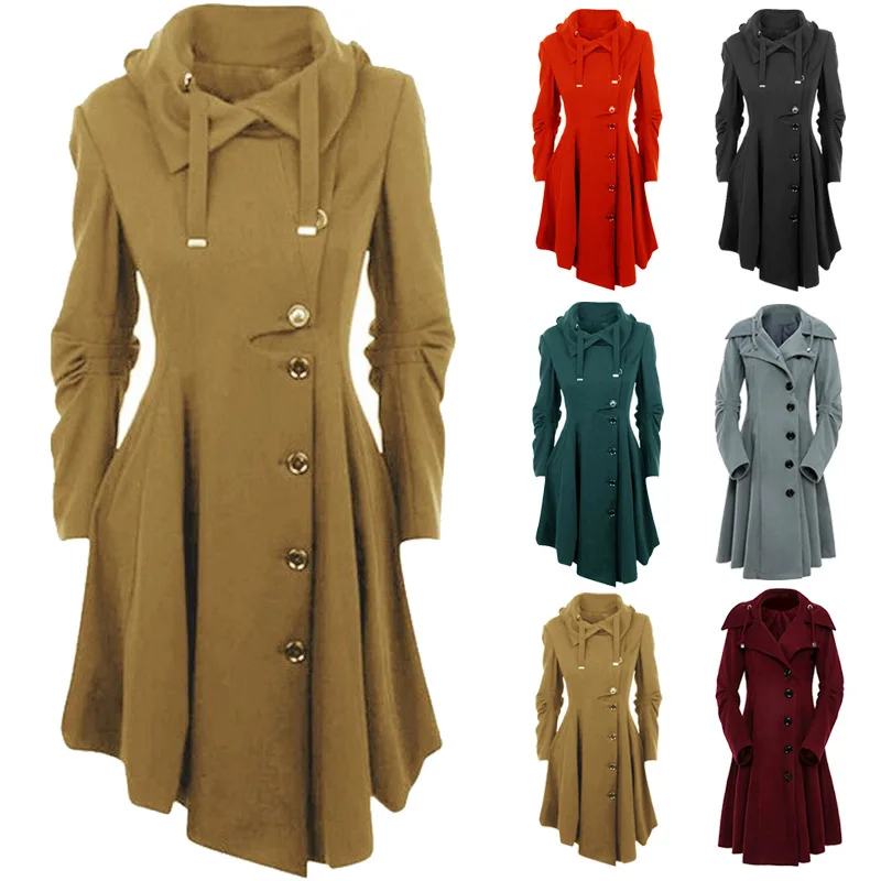 

Женская шерстяная куртка, облегающее пальто с капюшоном, двубортный длинный тренчкот, осень и зима