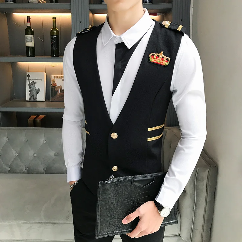 

Embroidery Crown Dress Vests for Men Slim Fit Waistcoat Suits Casual Business Wedding Tuxedo Vest Gilet